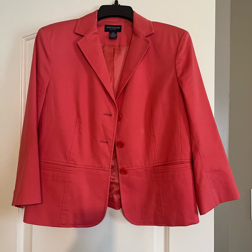 Ann Taylor Cotton Stretch Coral Orange Blazer Jacket 12 Petite